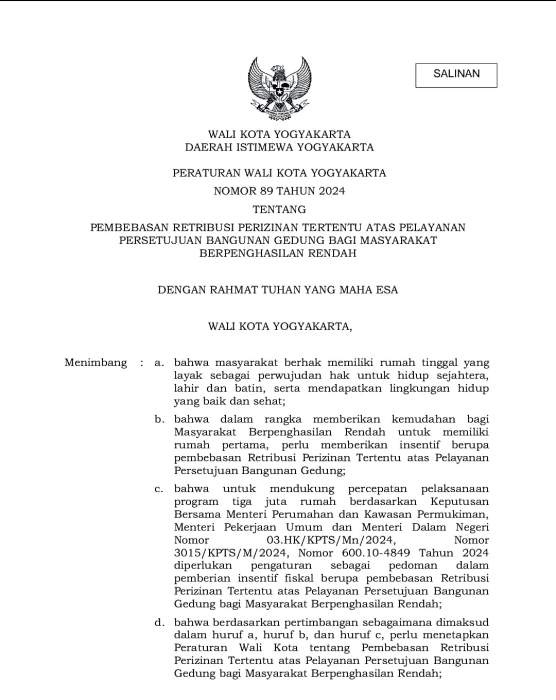 Foto: Perwal nomor 89 tahun 2024 terkait pembebasan retribusi PBG bagi masyarakat berpenghasilan rendah.
